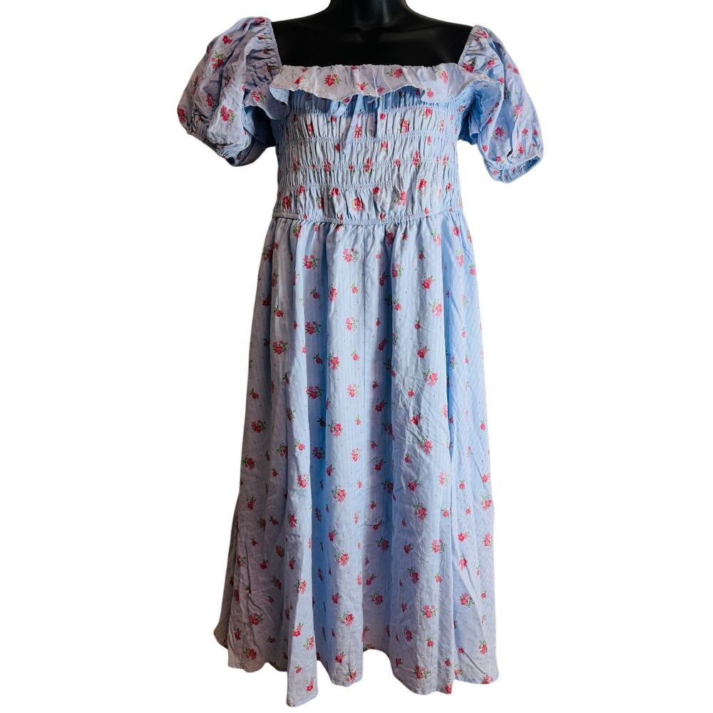 R. Vivimos Floral Smocked Midi Dress XL Blue Cottagecore Puff Sleeve New NWT - Picture 1 of 10